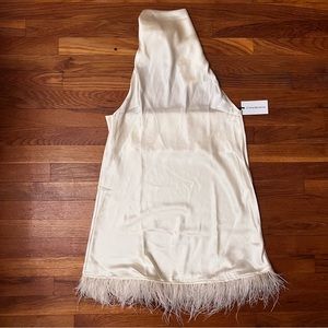 Mini feather trim cream halter dress